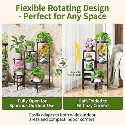 8 Tiered Plant Stand Indoor for Multiple Large Planter, Tall Heavy Duty Adjustable Folding Rack with Rustproof 7.9 Inch Wide Tray, Plant Shelf for Corner Living Room - BlackDisk