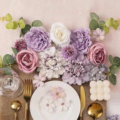 30 Pcs Artificial Flowers Combo Purple Flowers Mix Silk Flowers Dahlia Roses with Stems for DIY Wedding Bridal Bouquets, Baby Shower, Floral Arrangement, Table Centerpieces, Home Decorations