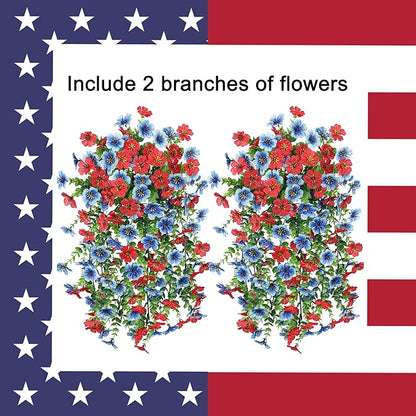 HyeFlora Faux Flowers for Outdoors Decoration, 2Pcs Artificial Fake Hanging Spring Summer Decor, Red and Blue Realistic Plants, UV & Fading Resistant Silk Flower for Porch Patio Balcony Planter Yard