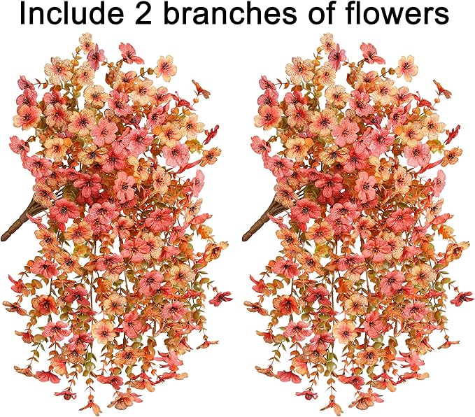HyeFlora Artificial Flowers for Outdoors Fall Decoration, 2Pcs Fall Orange Yellow Hanging Flowers with Autumn Eucalyptus Leaves Faux Silk Flower Decor for Home Porch Patio Balcony Planter Yard