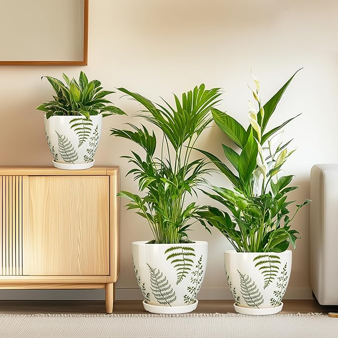 Ceramic Plant Pots Indoor - 10+8+6 Inch Ceramic Planters for Outdoor Flowers, Boho Round Decorative Flower Pots with Drainage Holes and Saucers, Plant Lover Gifts, Patio Decor, Set of 3, White