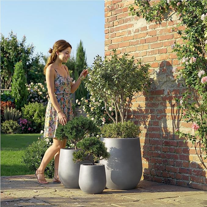 DTY Signature Mount Wilson Modern Indoor Outdoor Fiberstone Tapered Planter, Lightweight, Weather Resistant Garden Pot with Drainage Hole & Rubber Plug, Planter for Christmas Decor - Gray, Large