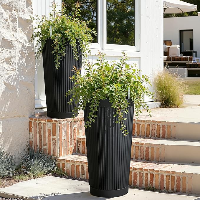 Self Watering Tall Planters for Outdoor Plants, 24” Set of 2 Large Flower Pots with Drainage Hole, Modern Plastic Black Planter for Indoor, Patio, Balcony (Ribbed)