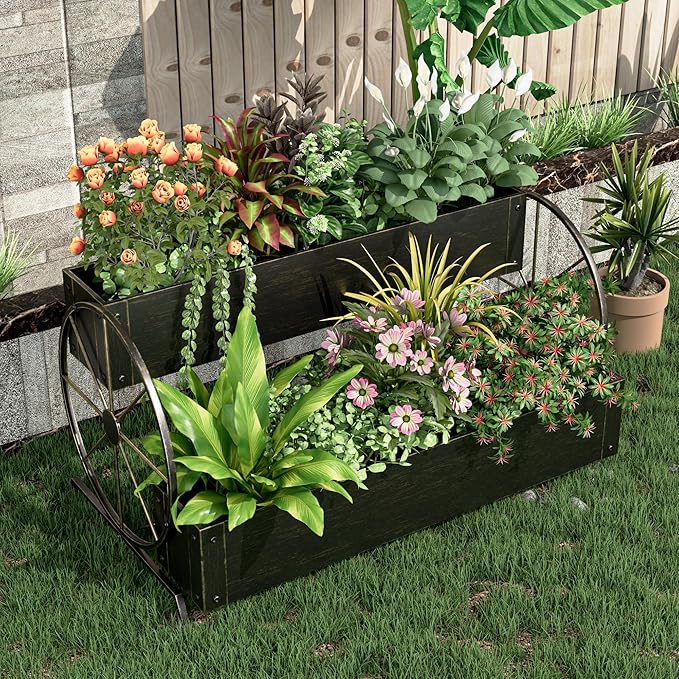Metal Wagon Planter Box, 2-Tier Garden Planter with Wagon Wheels, Decorative Outdoor Planters for Flowers Herbs Vegetables, Flower Cart Small Raised Garden Bed for Patio, Balcony (Retro Gold)