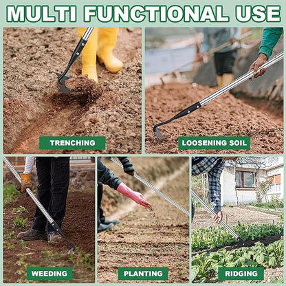 Warren Hoe, Carbon Steel Triangle Garden Hoe with Stainless Steel 57" Adjustable Long Handle, Heavy Duty Gardening Hand Tools Hoe for Ridging Weeding Digging Loosening Edging Soil, Balck