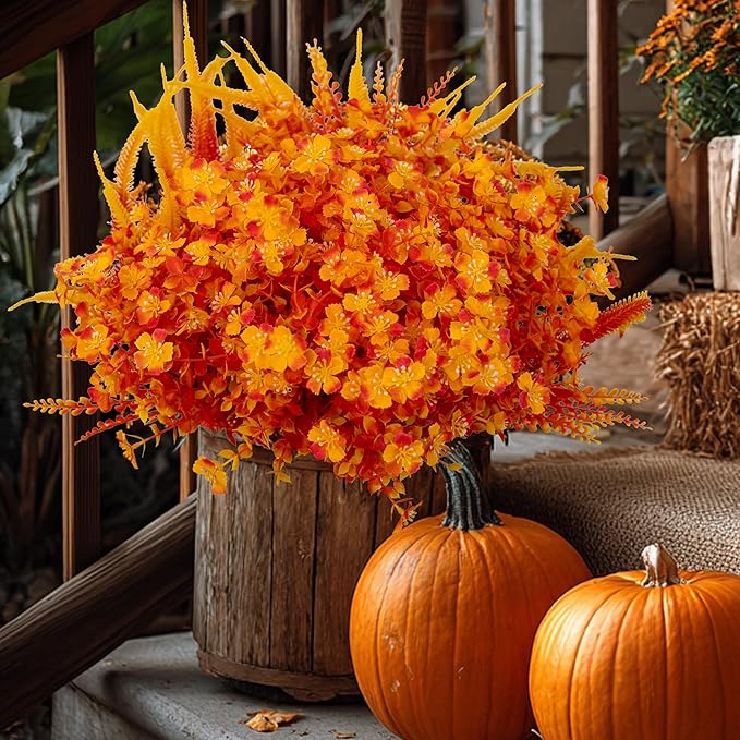 Artificial Fall Flowers for Outdoors Fake Mums - 16 Bundles Faux Fall Decor Plants No Fade Shrubs (16, OrangeYellow)