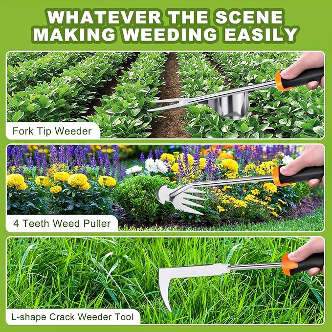 Hand Weeder Tool, Rubber Handle Manual Weeder Puller Tool, Uprooting Weeding Tools, Crack Weeder Crevice, 4 Teeth Weeding Tool, Planting and Weeding for Garden, Patio, Backyard Farm