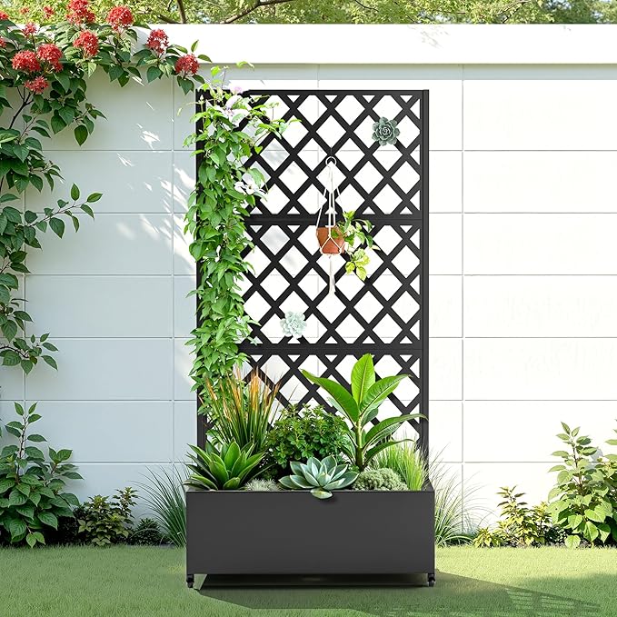Metal Raised Garden Bed with Trellis and Wheels, 2 in 1 Trellis with Planter Box & Privacy Screen for Climbing Plants, Outdoor Standing Flower Beds with Drainage Holes, 35.4"L x 15.7"W x 70.9"H, Black