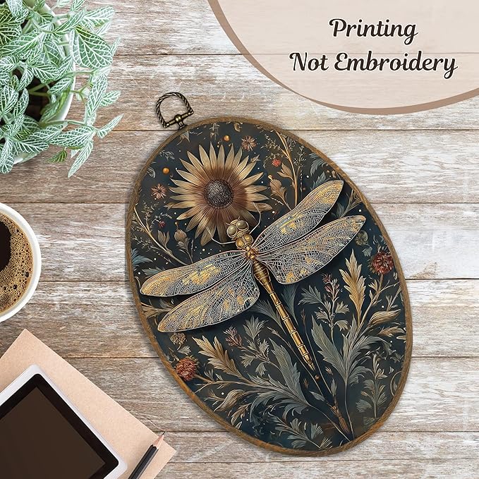 LKETW Vintage Moody Butterfly Dragonfly Oval Wall Art Decor, Dark Cottagecore Oval Canvas Hanging Decor, Rustic Wildflower Insect Wall Decorations for Home Living Room Bedroom, 8.6x11.4 Inch Set of 2