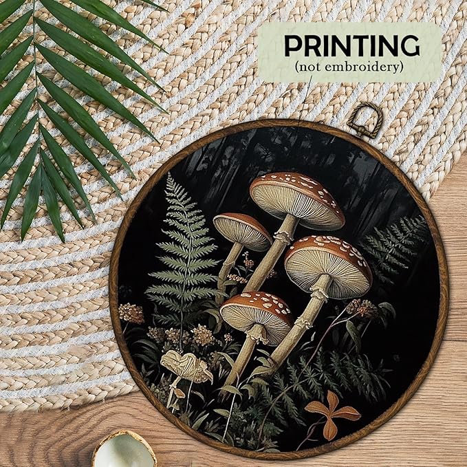 cvjutf Dark Cottagecore Mushroom Wall Art Framed, Witchy Mushrooms Round Wall Decor,Mushroom Kitchen Decor, Moody Farmhouse Botanical Canvas Prints Art for Bedroom Bathroom Living Room, 10x10 Inch