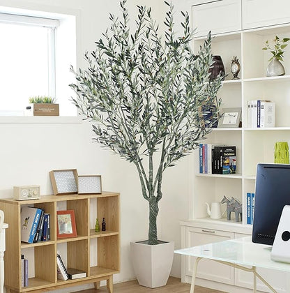 Artificial Olive Tree 8.3FT with 2304 Gray Leaves Realistic Tall Large Faux Silk Deluxe Plant 100 Inch Black Pot for Indoor Home Office Porch Mall School Hotel Modern Decor Housewarming Gift