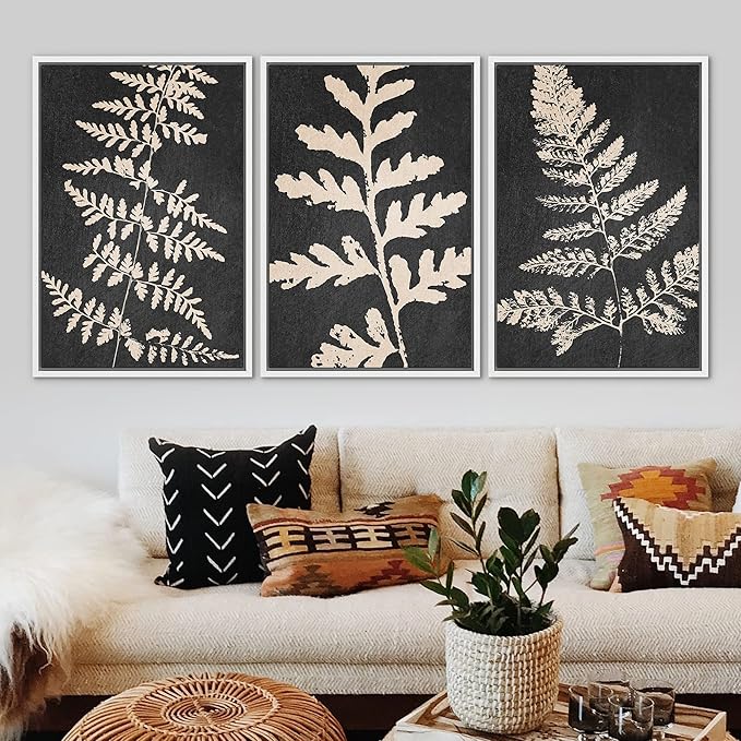 Ashbrook Framed Canvas Print Wall Art Set Black Forest Fern Plant Silhouette Nature Wilderness Illustrations Modern Art Rustic Chic Colorful for Living Room, Bedroom, Office - 24"x36"x3 White