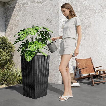 23in Tall Planter Set of 2, Large Self Watering Pots for Indoor/Outdoor Plants with Drain Holes, Water Level Monitor, Inner Bucket for Front Porch Patio, Black Rattan