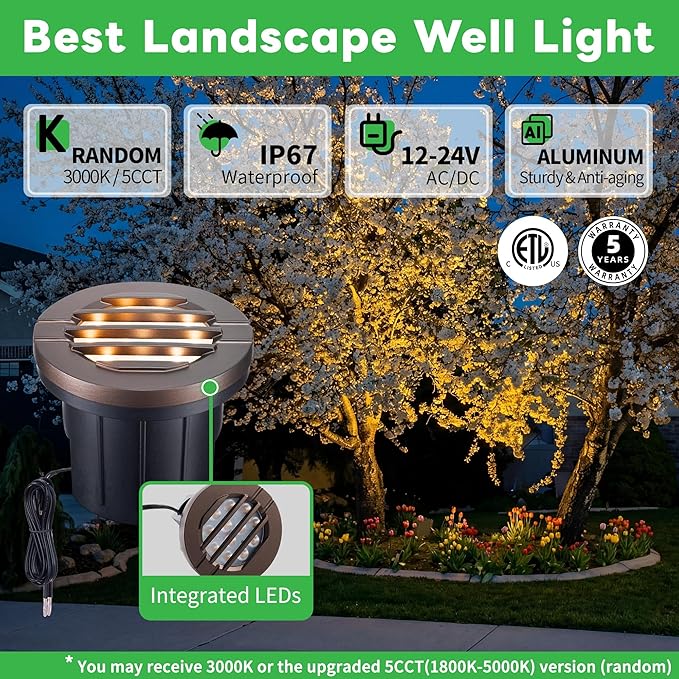Well Lights Low Voltage, 4 Inch 12V In Ground LED Landscape Lights, IP67 Waterproof Outdoor, Louvered Top Aluminum ORB for Garden Driveway 6W 350LM 12 Pack, Color Temp Random: 3000K or 5CCT