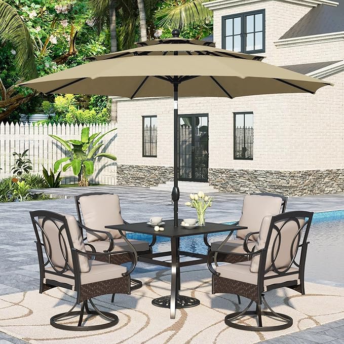 Sophia & William Patio Dining Set with 10ft 3 Tier Auto-tilt Beige Umbrella, 6 Piece Outdoor Table and Chairs with 4 Padded Swivel Rocker Dining Chairs, 1 Square Metal Table and 1 Umbrella
