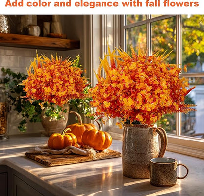 Artificial Fall Flowers for Outdoors Fake Mums - 16 Bundles Faux Fall Decor Plants No Fade Shrubs (16, OrangeYellow)