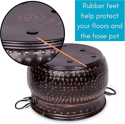 BIRDROCK HOME Water Hose Holder - Decorative Metal Pot, Indoor or Outdoor, Garden Storage Organizer, Patio Portable Bucket - Distressed Bronze, Holds up to 200ft Hoses, Large with Lid