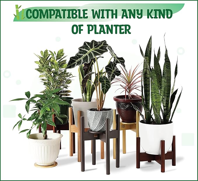 ZPirates Plant Stand Indoor, Outdoor - Adjustable Sideways to Support 8 to 12-Inch Small to Large Planter Pot and Flower Vase Holder - Leg Length 14-inch - Dark Bamboo Wood