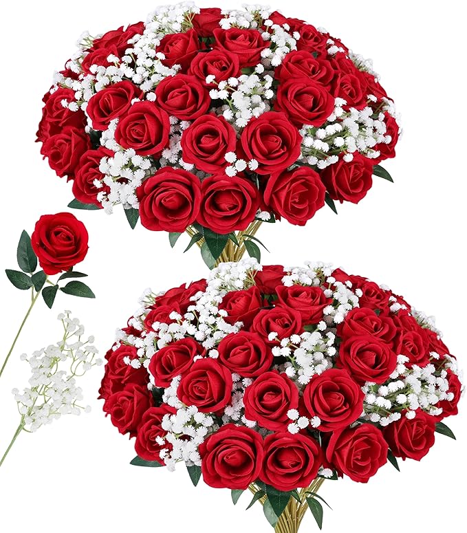 HyeFlora 35 PCS Red Roses Artificial Flowers 15 PCS Fake Baby Breath Realistic Fake Flowers Bouquet with Stem for DIY Wedding Party Home Decoration Vase Tables Centerpieces Arrangements Gift for Her