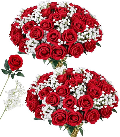 HyeFlora 35 PCS Red Roses Artificial Flowers 15 PCS Fake Baby Breath Realistic Fake Flowers Bouquet with Stem for DIY Wedding Party Home Decoration Vase Tables Centerpieces Arrangements Gift for Her