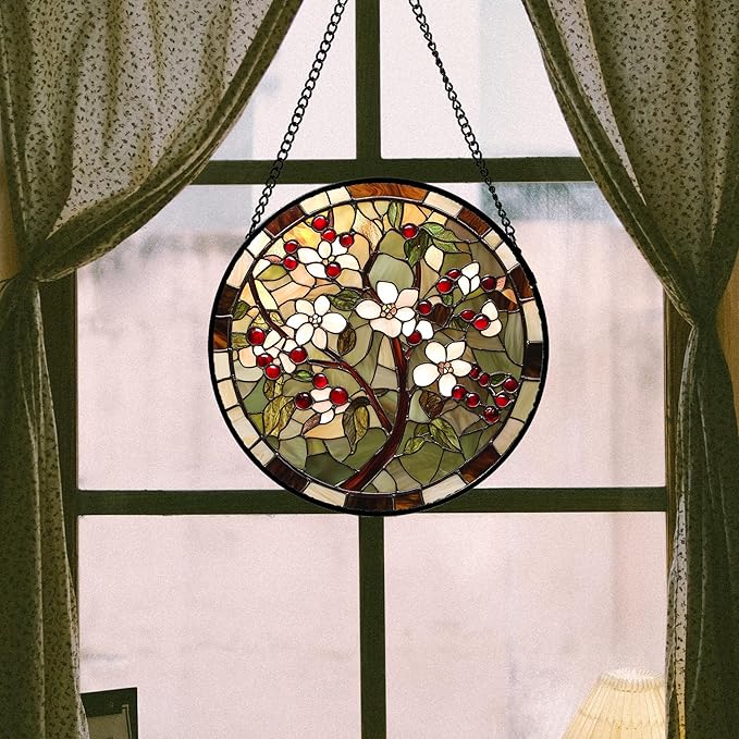 CRIS GIF Stained Glass Window Hanging - Hawthorn Tree Birth Flowers Suncatcher for Doors Garden Patio Sun Catchers Decor Christmas Mother's Day Birthday Gifts for Women Men Mom Nana Friend 15 in