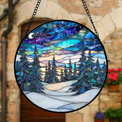 Stained Glass Window Hanging, Starry Sky Trees and Snow Sun Catchers Glass Panel Blue Suncatcher Decor for Birthday for Women, Men, Wife, Aunt, and Mom 9.8 in