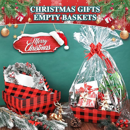 AFOROEOA 10PACK Christmas Gift Baskets Empty, Baskets For Gifts Empty 10x12”Thick Gifts Basket with 10 Bows 10 Bags Gift Basket for Christmas Xmas Wedding Birthdays Party Wrapping （Red Plaid）