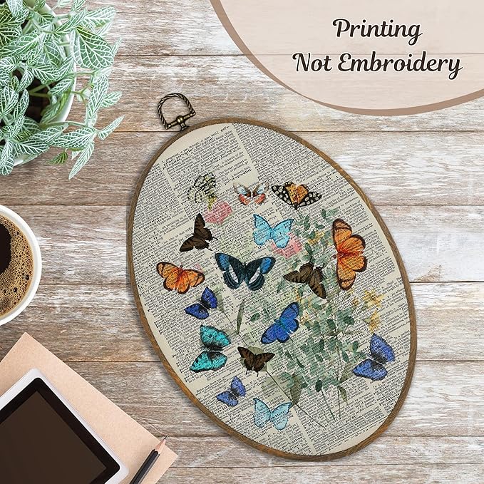LKETW Vintage Butterfly Oval Wall Art Decor, Cottagecore Butterfly Floral Botanical Oval Canvas Hanging Decor, Retro Nature Moth Insect Wall Decorations for Home Bedroom Living Room, 8.6x11.4 Inch