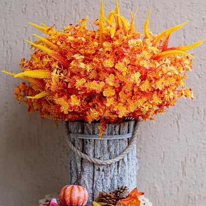 Artificial Fall Flowers for Outdoors Fake Mums - 16 Bundles Faux Fall Decor Plants No Fade Shrubs (16, OrangeYellow)