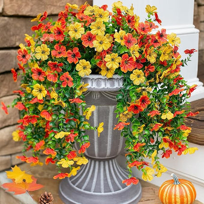 HyeFlora Artificial Flowers for Outdoors Decoration, 2Pcs Fake Hanging Spring Decor, Yellow and Orange Realistic Plants, UV & Fading Resistant Silk Flower for Porch Patio Balcony Planter Yard