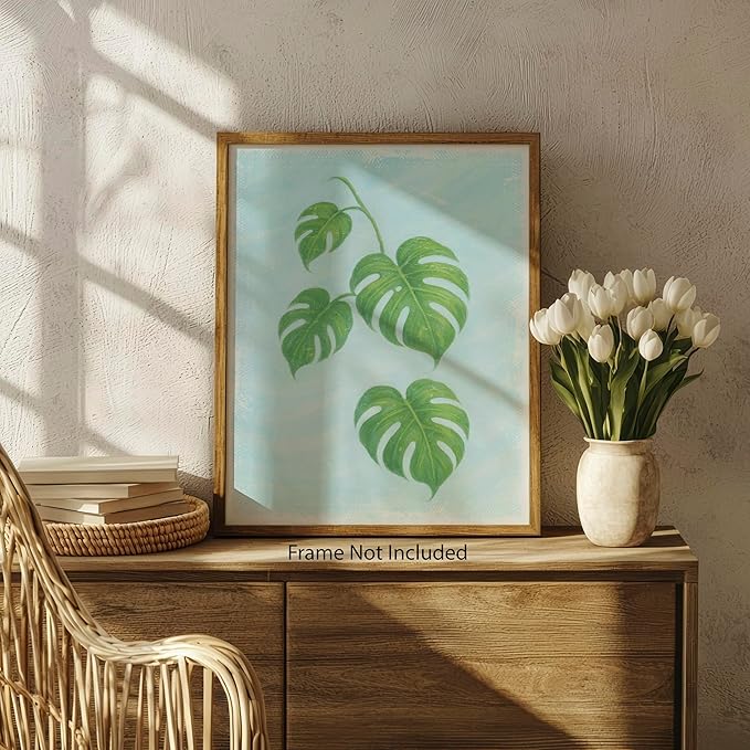 ZUKIY Monstera Botanical Hanging Print - Magnetic Wood Poster Hanger - Unframed 8x10 Poster for Modern Wall Decor - Minimalist Tropical Plant Art for Home Office Studio or Classroom Walls