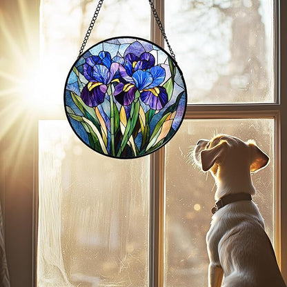 Stained Glass Window Hanging - Blue Purple Iris Flower Suncatcher for Door Garden Patio Sun Catchers Decor Christmas Mother's Day Birthday Gifts for Women Men Mom Nana Aunt Friend 11.8 in