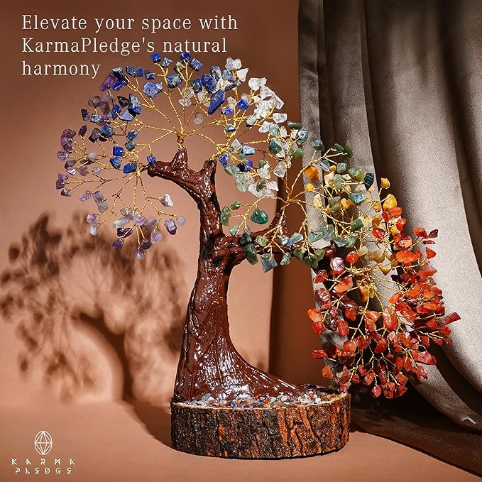 KARMAPLEDGE Crystal Tree of Life 7 Chakra Healing Crystal Trees for Home, Office Desk Decor, Handmade Bonsai Trees for Positive Energy, Money, Good Luck Birthday Gifts for Women, Mom (500 Beads)
