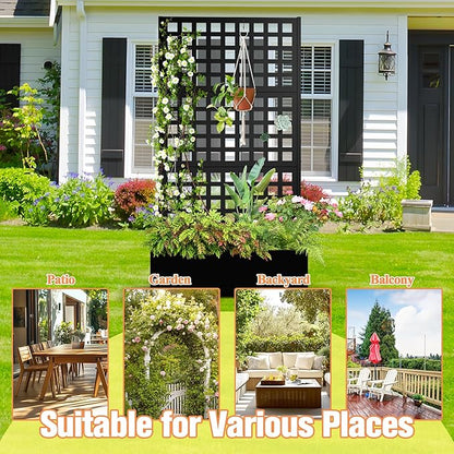 Metal Planter Box with Trellis & Wheels, Raised Garden Bed with Privacy Screen, Outdoor Standing Flower Beds with Drainage Hole for Climbing Plants, Vine, 35" Lx16 Wx71 H