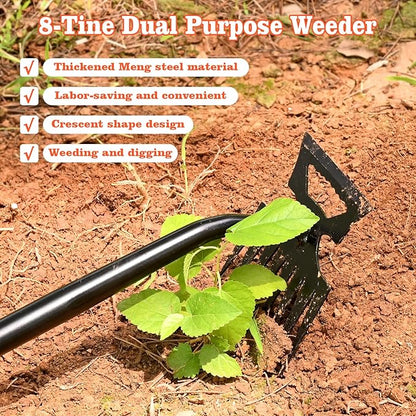 Portable Weed Removal Tool - 8-Prong Manganese Steel with Black Baked Rust-Proof Coating for Garden Lawn Farm, Non-Slip Rubber Handle