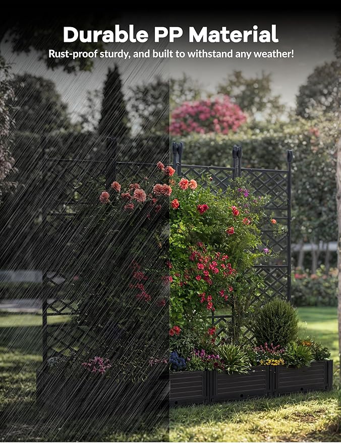 4 PCS Raised Garden Bed with Trellis, 66 in W x 63"Tall Plastic Planter Box for Climbing Plants, Outdoor Vertical Garden with Privacy Screen for Patio, Balcony, Backyard – Sturdy & Lightweight