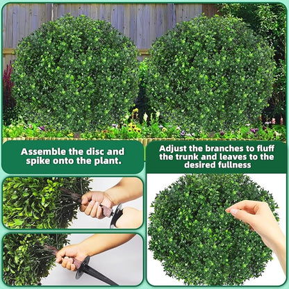 27.5" Artificial Boxwood Topiary Ball Tree, Set of 2 Fake Bushes Shrubs with Ground Spike, UV Resistant Faux Evergreen Boxwood Trees for Front Porch Planters Outdoor Garden Decor