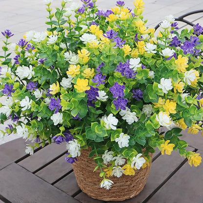 UV Resistant Artificial Flowers for Indoor and Outdoor Use, 12 Bundles Not-Fading Faux Plants for Porch, Patio, Garden, and Home Decoration - Yellow Purple White