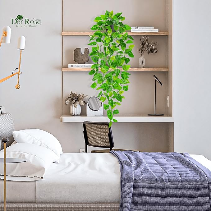 Der Rose 1Pcs 34'' Fake Hanging Plants Artificial Potted Pothos Hanging Vines Plants Indoor for Home Bathroom Bedroom Wall Shelf Decor