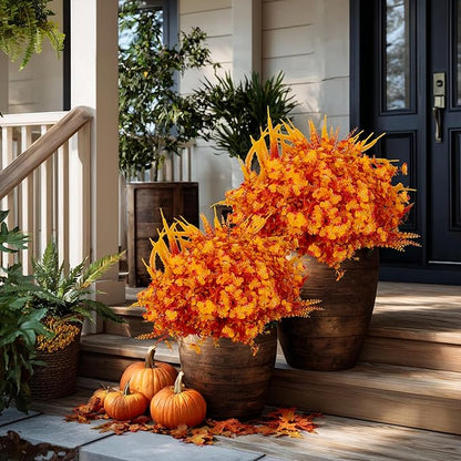 Artificial Fall Flowers for Outdoors Fake Mums - 16 Bundles Faux Fall Decor Plants No Fade Shrubs (16, OrangeYellow)