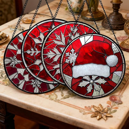 Stained Glass Window Hanging 4 Pcs Set Red Christmas Decorations Theme 7.8" - Suncatcher Door Garden Sun Catcher Decor Birthday for Mom Woman Nana Men Friend Wife