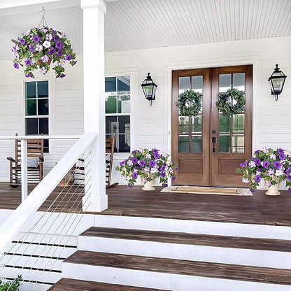 Artificial Hanging Fake Flowers with Basket Plants for Outdoor Decoration, Faux Silk Flower UV Resistant Morning Glory for Home Porch Patio Garden Balcony Yard Look Real (Purple White)