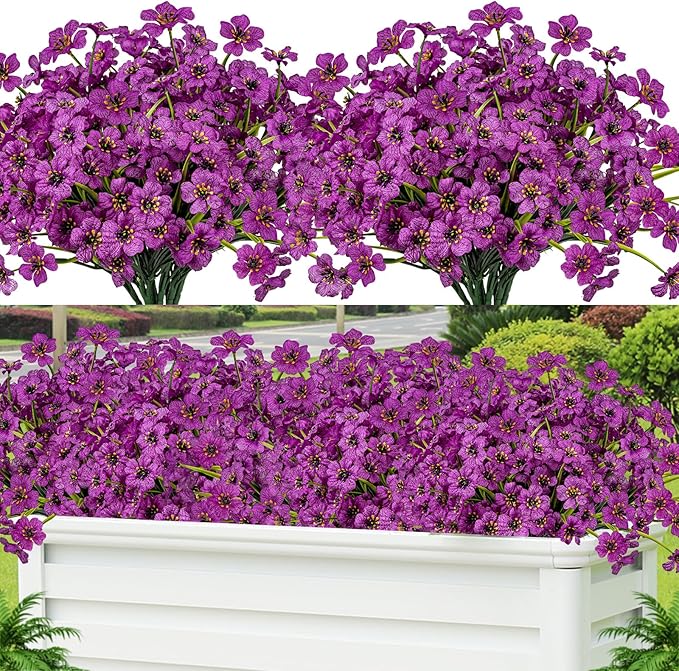 Lnoicy 12 Pcs Artificial Flowers for Outdoor,Plastic Flowers Decoration, UV Resistant Faux Flowers Shrubs, Artificial Plants for Indoor Outside Garden Home Wedding Farmhouse(Fuchsia)