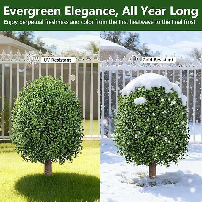 INSPRING 27'' Artificial Boxwood Topiary Trees Outdoor Fake Bushes Plants UV Resistant Evergreen Shrubs with Metal Ground Spike for Porch Patio Garden, 2 Pack