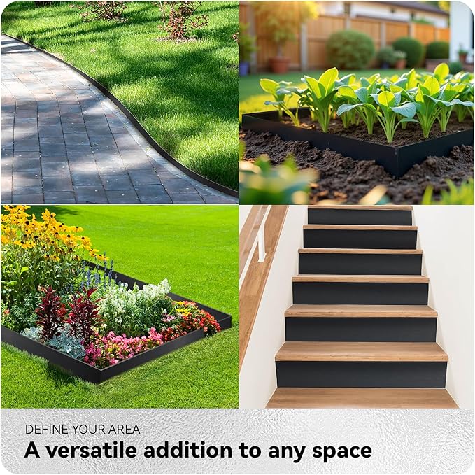 Worth Galvanized Steel Landscape Edging 8" x25' Metal Garden Edging Roll Flexible Bender Border with 8Pcs Stakes for Lawn, Flower Bed Edges, Black