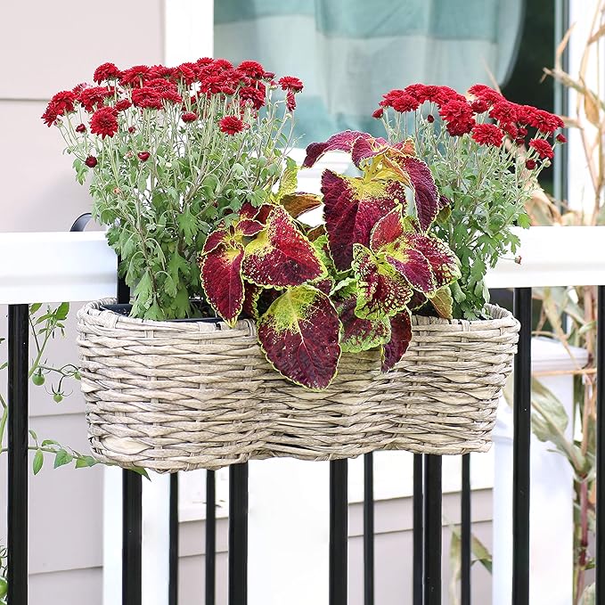 Sunnydaze Indoor/Outdoor Round Polyrattan Over-The-Rail Tri-Planter with 3 Black Liners - Frost