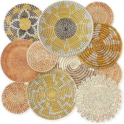 Tatuo 11 Pcs Boho Wall Basket Decor Decorative Bulrush Woven Basket Wall Decor Art Round Farmhouse Hanging Baskets for Kitchen Rustic Home Summer Decorations, Multi Sizes(Lively)