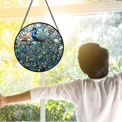 Stained Glass Window Hanging, Blue Peacock Decoration Suncatcher for Door Garden Home Flower Bird Sun Catchers Christmas Mother's Day Birthday Gifts for Women Men Mom Nana Friend 11.8 in
