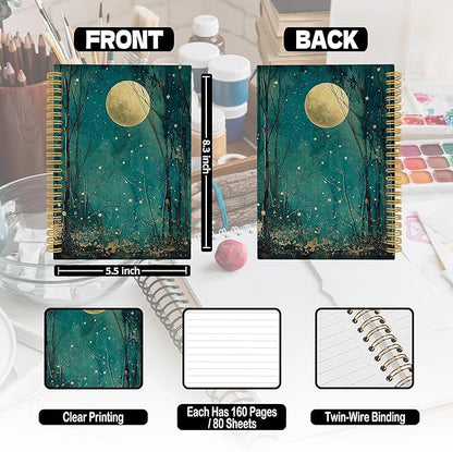 XPH Nature Forest Moon Spiral Notebook, Dark Cottagecore Academia Journaling Notebooks for Women, Mystical Forest Landscape Hardcover Journals for Writing 160 Pages 5.5 x 8.3 Inch, Moon Gifts