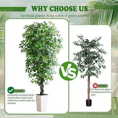 Artificial Ficus Tree 7FT Faux Plants Indoor Tall Fake Plants with White Tall Planter, Green Lifelike Lush Fake Ficus Tree for Home Living Room Bedroom Outdoor Balcony House Office Decor